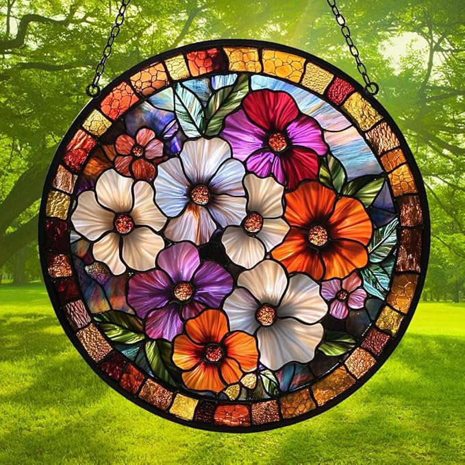 Colorful Poppies Acrylic Suncatcher Stained Glass Effect Window Car Hanging Christmas Ornament Indoor Outdoor Decor Garden Sun Catcher Panel for Floral Lover for Women Mom Grandma