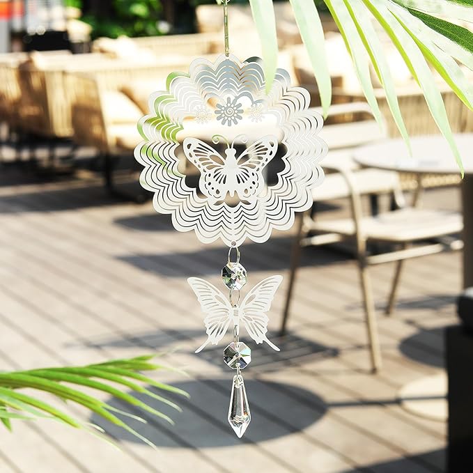 LONGSHENG - SINCE 2001 - Rainbow Maker Crystal Sun Catcher Wind Spinner for Indoor Outdoor Hanging Decor, with Silver Butterfly and Hook Decorative for Window Home Garden Birthday Gift