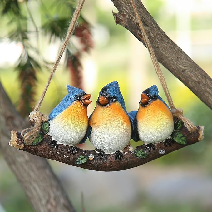 Decorative Hanging Bird Ornament, Three Blue Birds on Branch, Garden Outdoor Decor, Hanging Tropical Bird Patio, Lawn, Tree Porch Decor Large Size: 11 inches
