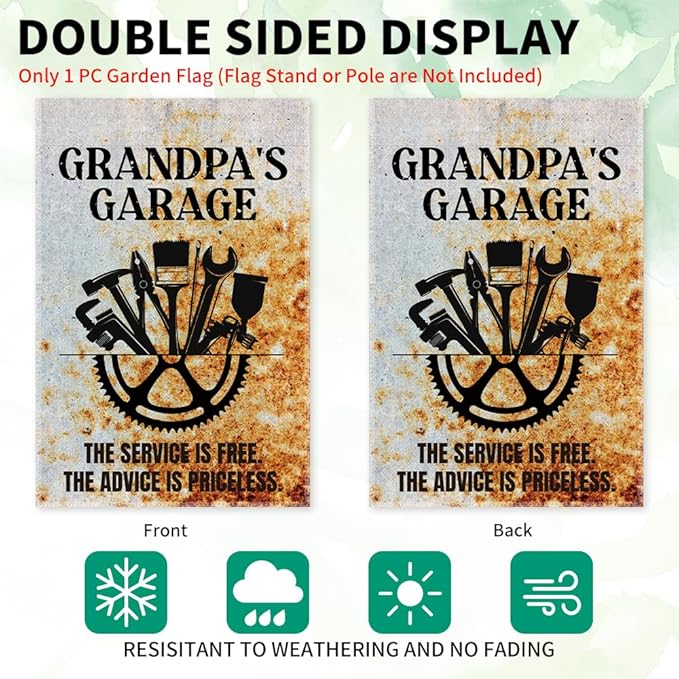 Grandpa's Garage Garden Flag, Double Sided Farmhouse Outdoor Lawn Decor Yard Flags Gifts for Grandpa, Vintage Garage Wall Decor Garage Signs Gifts for Dad Woodworking Cabinet Maker Mechanic