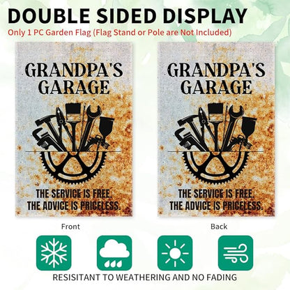 Grandpa's Garage Garden Flag, Double Sided Farmhouse Outdoor Lawn Decor Yard Flags Gifts for Grandpa, Vintage Garage Wall Decor Garage Signs Gifts for Dad Woodworking Cabinet Maker Mechanic