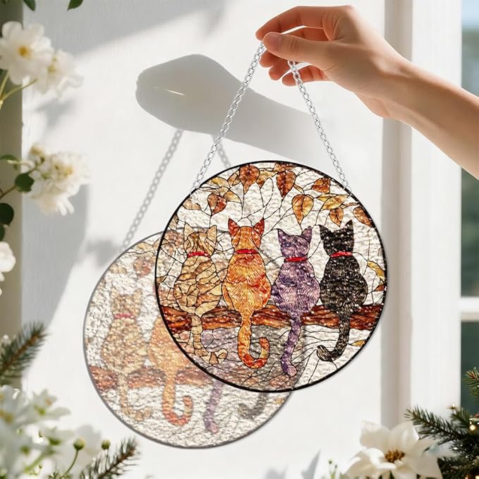 Chrismas Acrylic Stained Glass Window Hanging,Cat Sun Catcher Decor Stained Panel Hangings Wall Art Decor, 8x8inch (SCL037Cat)