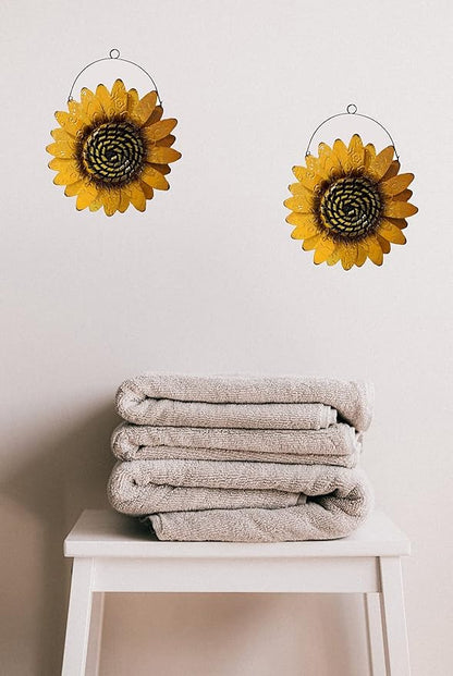 SeasonsEasy Metal Sunflower Wall Decor, Set of 2 Yellow Floral Wall Decoration with Wire Hanger for Living Room, Bedroom, Kitchen, Bathroom Decor, Outdoor Garden and Patio Wall Art