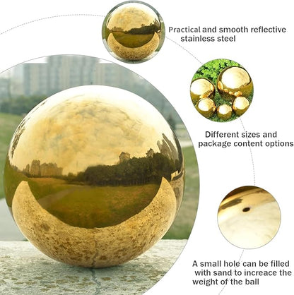 Nerien 8 Inch Gazing Ball, Stainless Steel Garden Mirror Globe, Polished Ornament Sphere, Hollow Floating Reflective Hemisphere, for Home Outdoor Pond Housewarming Swimming Pool Decoration, Gold