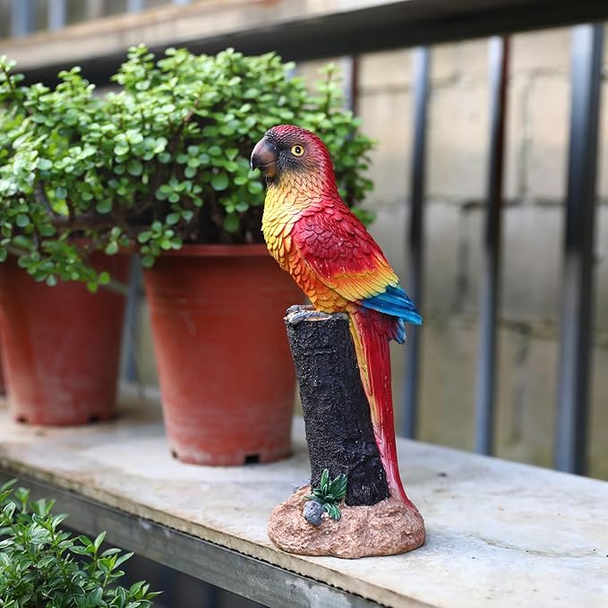Macaw Parrot Garden Statue, 10.6" Hand-Painted Tropical Bird Figurine, Decorative Art Deco Accent for Patio and Home, Lifelike Design (Red)
