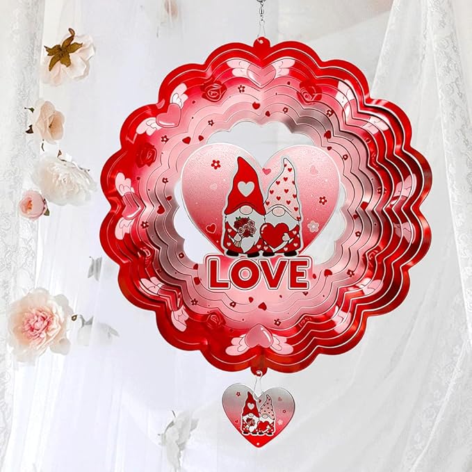 Gnome Wind Spinners Hanging Valentine's Day Gifts for Lover,12 inch 3D Metal Valentine Gnome Gifts Outdoor Decor for Yard and Garden,Valentine’s Day Decoration for Romantic Home