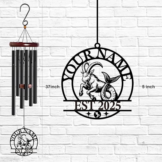 Personalized Customize Name 12 Zodiac Signs Wind Chime, Metal Iron 37 Inch Outdoor Memorial Gift for Garden Yard Patio Home Decor, Black (Capricorn)