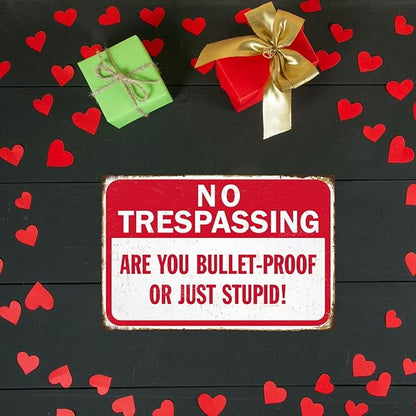 Funny No Trespassing Sign, Metal Warning Tin Signs, Are You Bulletproof or Just Stupid, Yard Sign Garage Farm Garden Wall Decor Plaque Outdoor for Home Fence 8 X 12 Inches