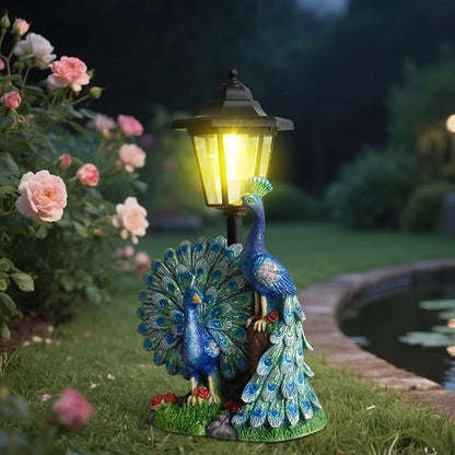Solar Peacock Statue for Outdoor Garden Decor, 14.2 Inch Outside Peacock Ornaments with Lantern for Garden, Balcony, Patio, Yard, Lawn -Birthday Gifts for Women Grandparents