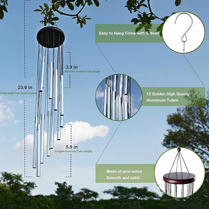 Outside Small Wind Chimes Outdoor Chime with 12 Tuned Tubes Suitable Outdoor Garden Decor Patio Balcony and Gift for Mom Women （Silver）