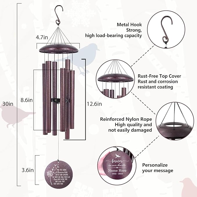 Memorial 32" Wind Chimes for Loss of Loved One, Personalized in Loving Memory of Wind Chimes, Memorial Gifts for Sympathy Best Bereavement Gifts Idea, Produced in USA
