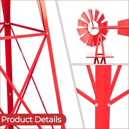 Outvita 8FT Ornamental Windmill, Heavy Duty Durable Metal Weather Vane Garden Decoration Weather Resistant for Garden, Yard, Farm, Seaside (8ft-red)