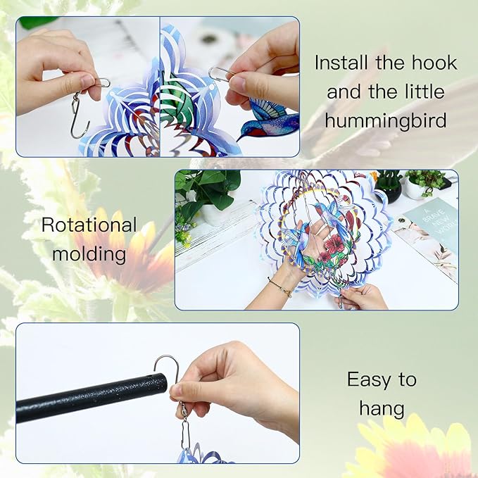 Hummingbird Wind Spinner Gifts for Women Metal Hanging Wind Spinner Metal Bird Wind Chimes House Yard Art Garden Decor (Hummingbird)