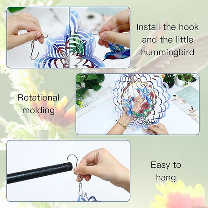 Hummingbird Wind Spinner Gifts for Women Metal Hanging Wind Spinner Metal Bird Wind Chimes House Yard Art Garden Decor (Hummingbird)