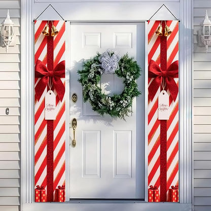 BlissYard Red White Christmas Porch Decorations 12x71 Inch Welcome Hanging Banner Porch Signs for Holiday Decor Gift Box Door Banners for Christmas Winter Home Porch Outdoor Decoration for Front Door