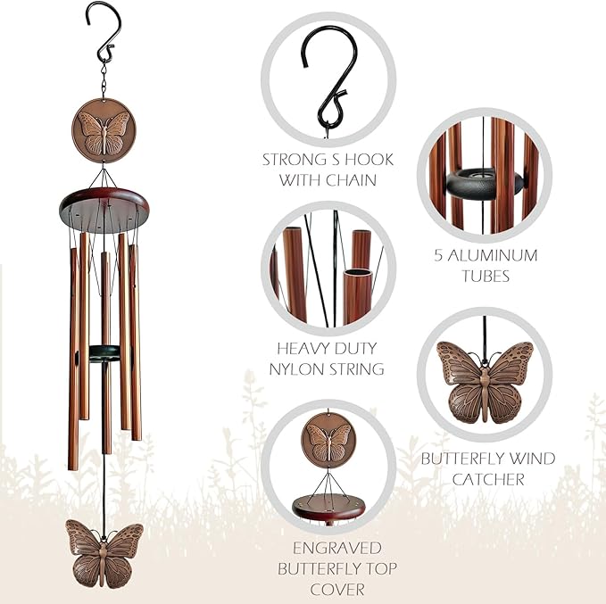 Butterfly Wind Chimes for Outside,32" Outdoor Wind Chime Butterfly Gifts for Women/Mother/Father/Christmas/Unisex,Unique Windchimes Outdoors Zen Garden Patio Home Yard Decor(Copper)