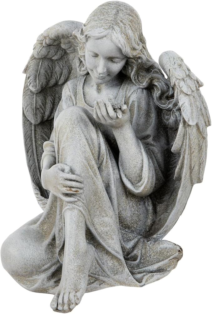 Hobby Lobby Sitting Angel Garden Statue with Bird, 11 inch Height, Indoor Outdoor Resin Sculpture, Gray, Spring, Summer