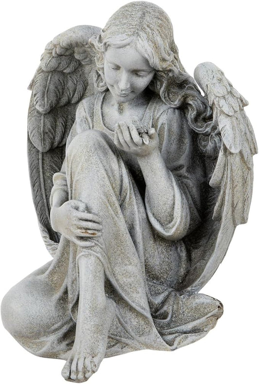 Hobby Lobby Sitting Angel Garden Statue with Bird, 11 inch Height, Indoor Outdoor Resin Sculpture, Gray, Spring, Summer