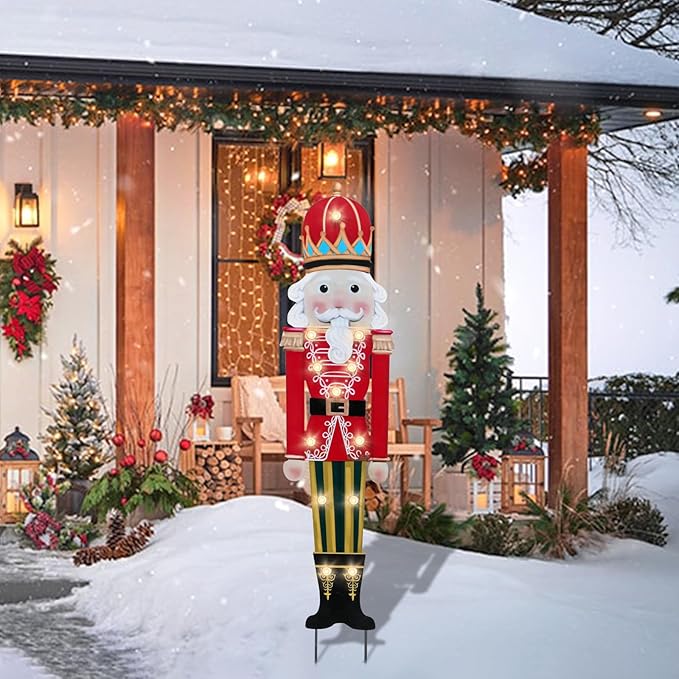 Afirst Christmas Yard Stakes Lighted Up Christmas Outdoor Decorations LED Nutcracker with Crown Lighted Metal Yard Stakes Outdoor Xmas Stake Lawn Pathway Outdoor Decoration