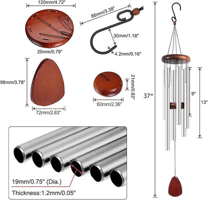 Sleek Brushed Silver Wind Chime, 37-Inch Hand-Tuned 6-Tube Minimalist Decor for Modern Patio, Zen Garden & Urban Balcony, Ideal Housewarming Gift