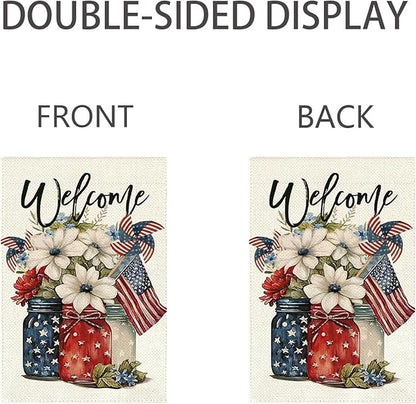 1Pcs 4th of July Garden Flag, Summer Small Yard Flags for Outside, Independence Day Garden Flags 12x18 Vertical Double Sided, Patriotic Mason Jar Flowers Garden Flags for 4th of July Outside Decoration