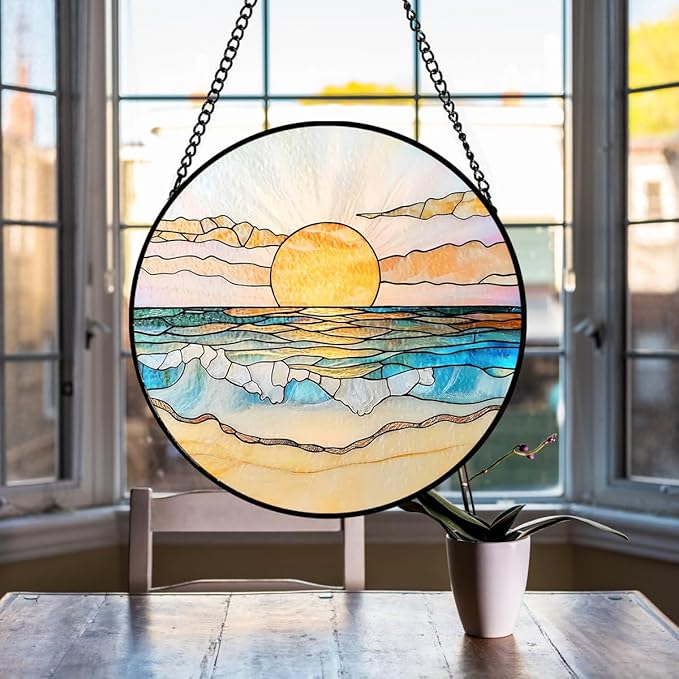 Beach Sunset Suncatcher Stained Glass Window Hanging - 8″ Handmade Ocean Suncatchers for Windows Hanging - Coastal Decor Sun Catchers Diamond Sea Glass Ornaments - Birthday Gifts for Women Mom Lovers