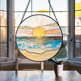 Beach Sunset Suncatcher Stained Glass Window Hanging - 8″ Handmade Ocean Suncatchers for Windows Hanging - Coastal Decor Sun Catchers Diamond Sea Glass Ornaments - Birthday Gifts for Women Mom Lovers