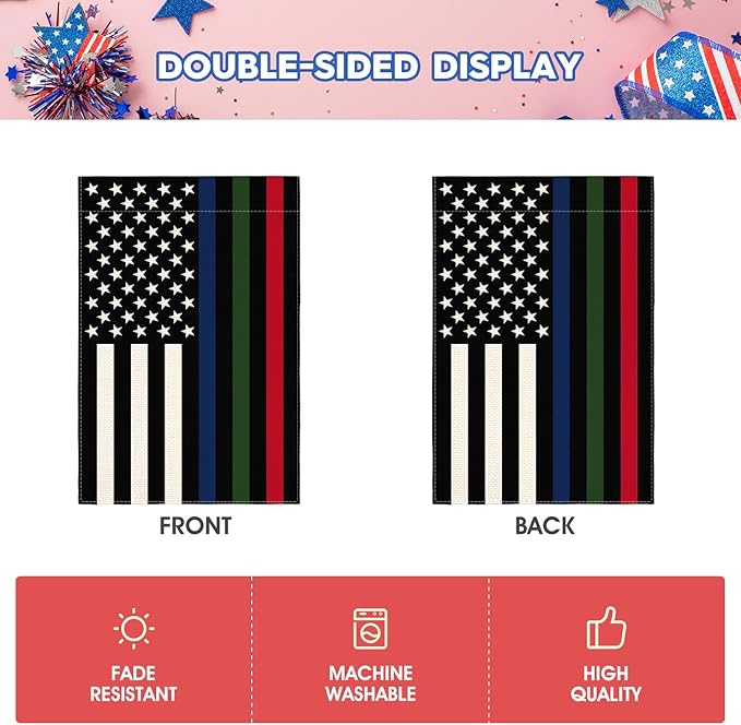 AVOIN colorlife Thin Blue Green Red Line Garden Flag 12x18 Inch Double Sided Outside, American Stars and Stripes Patriotic Yard Outdoor Decoration