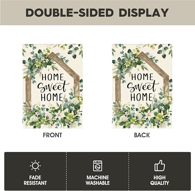 AVOIN colorlife Home Sweet Home Spring Floral House Flag 28x40 Inch Double Sided Outside, Eucalyptus Flowers Seasonal Welcome Yard Outdoor Flag