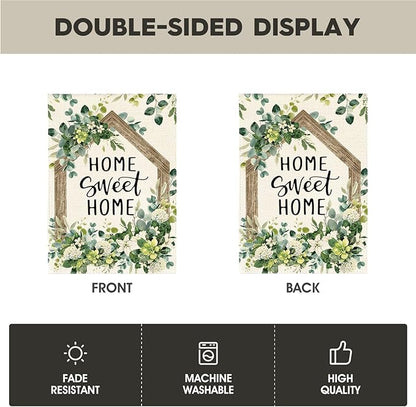 AVOIN colorlife Home Sweet Home Spring Floral House Flag 28x40 Inch Double Sided Outside, Eucalyptus Flowers Seasonal Welcome Yard Outdoor Flag