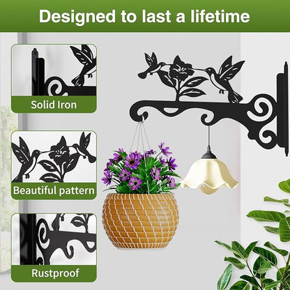 Elegant Bird Pattern Wall Hooks - 10/12/14 Inch Metal Plant Hangers for Indoor & Outdoor - Rust-Resistant Bracket for Plants, Feeders, Chimes, Lanterns (2, Black, 12 inch)