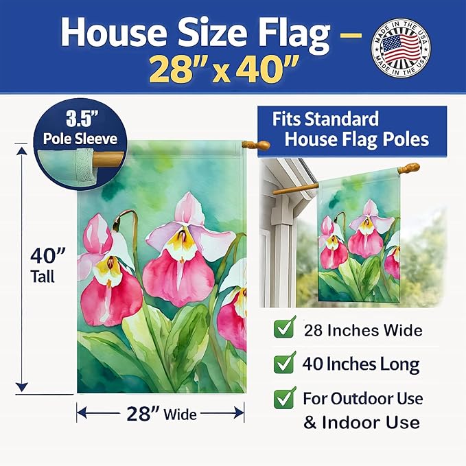 Caroline's Treasures Minnesota Pink and White Lady�s Slippers in Watercolor House Flag Large Porch Sleeve Pole Decorative Outside Yard Banner Artwork Wall Hanging, Polyester, House Size, Multicolor