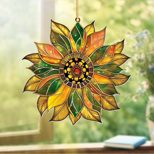 Stained Glass Acrylic Sunflower Ornament – Colorful Glass Sun Catcher for Windows, Christmas Tree Decoration 2025, Hanging Holiday & Everyday Décor Gift(Sun-22)
