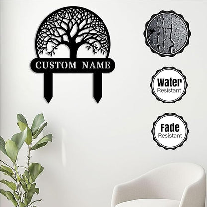 Custom Family Name Metal Garden Plaque,Personalized Tree Pattern Yard Marker,Weatherproof Outdoor Lawn Sign with Custom Name,Housewarming Garden Gift