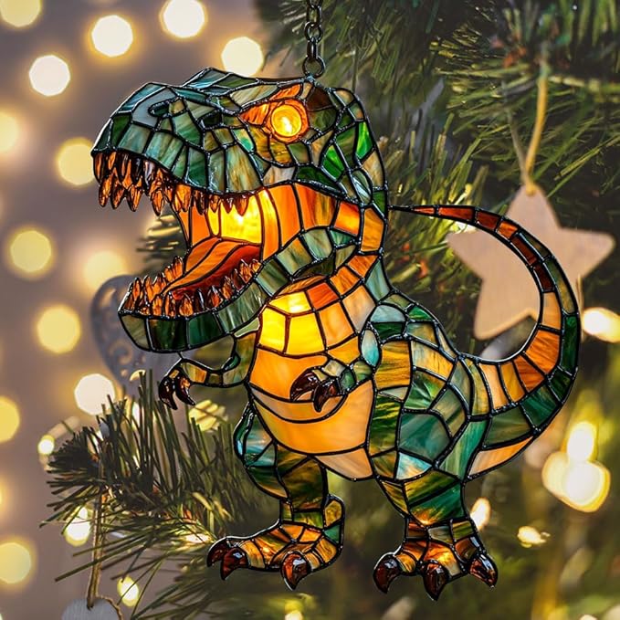 Cute Chibi T-rex Acrylic Suncatcher Stained Glass Effect Window Car Hanging Christmas Ornament Indoor Outdoor Decor Garden Sun Catcher Panel for Dinosaur Lover for Women Mom Grandma