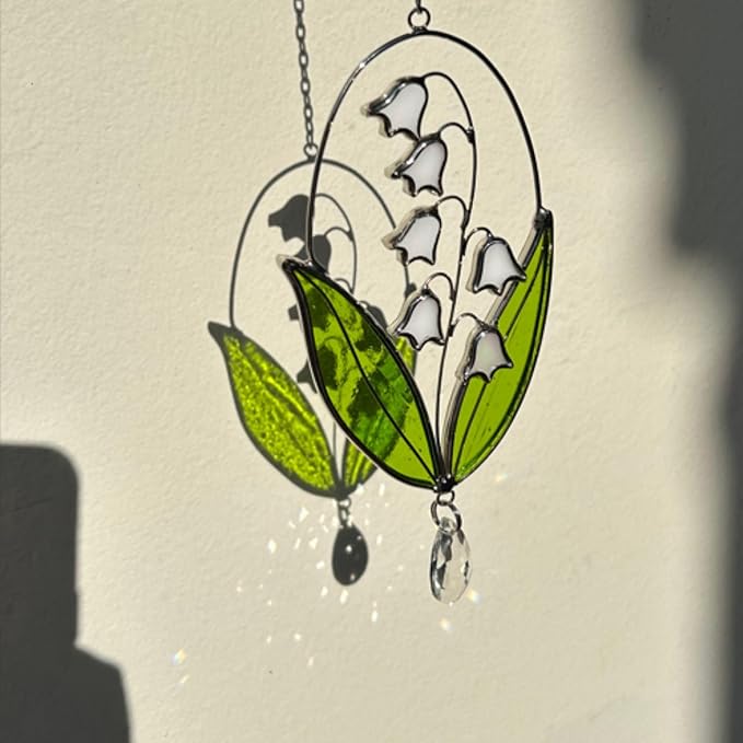 Real Stained Glass Suncatcher Lily of The Valley Suncatcher for Mom Lily of the Valley Stained Glass Window Hanging Decor Plant Lover Gifts for Women Home Decor Gifts Sun Catchers Indoor Window 6.7in