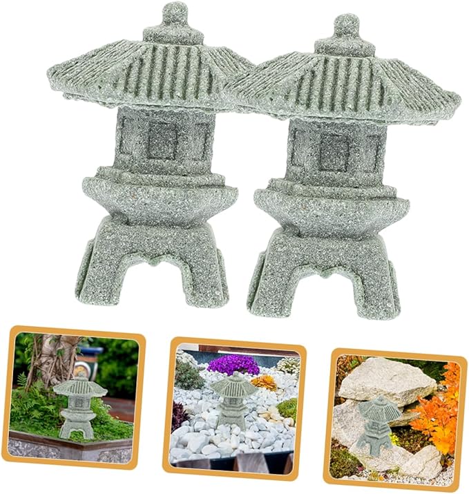 Yardwe 8pcs Miniature Sandstone Pagoda Statues Zen Style Lantern Sculptures for Garden Decoration Outdoor Bonsai Landscape for Home Aquarium