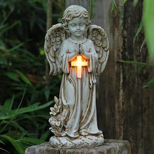 Rezpuao Angel Statue for Garden,Solar Angel for Cemetery Decorations,Garden Memorial Angels,Resin Praying Angels Figurine for Patio Lawn Yard Porch Decorations,12.12inch