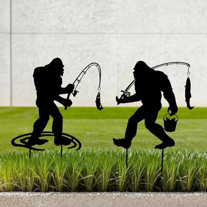 Metal Garden Art, 2-Pack Bigfoot Fishing Statues for Outdoor Decor, Unique Yard Ornaments & Lawn Sculptures, Weatherproof Gift for Garden Lovers