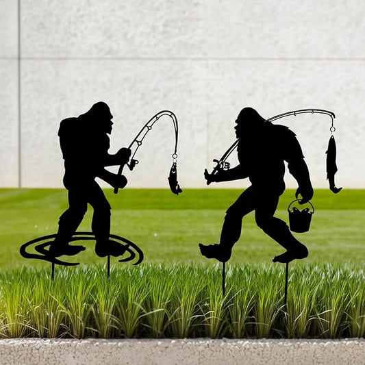 Metal Garden Art, 2-Pack Bigfoot Fishing Statues for Outdoor Decor, Unique Yard Ornaments & Lawn Sculptures, Weatherproof Gift for Garden Lovers