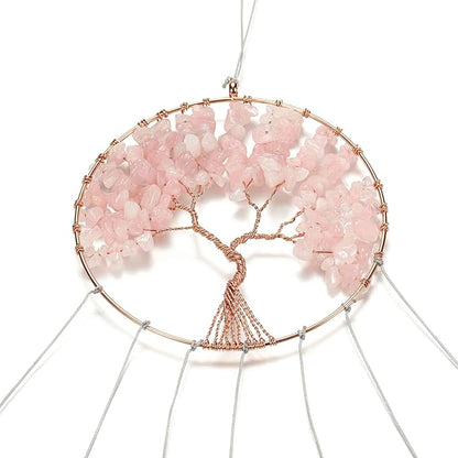 Yoption Rose Quartz Tree of Life Memorial Wind Chime, Natural Crystal Agate Slices Windchimes for Indoor Outdoor Decoration Ornament, 15.7-17.7 inch