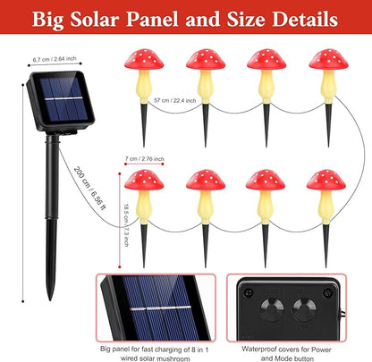 ReyeeInc Mushroom Solar Lights Outdoor Waterproof, Whimsical and Cute Solar Mushrooms Stake Lights for Outside with 8 Lights and 8 Modes for Fariy Garden Yard Lawn Path Planter Flower Bed Decor (Red)