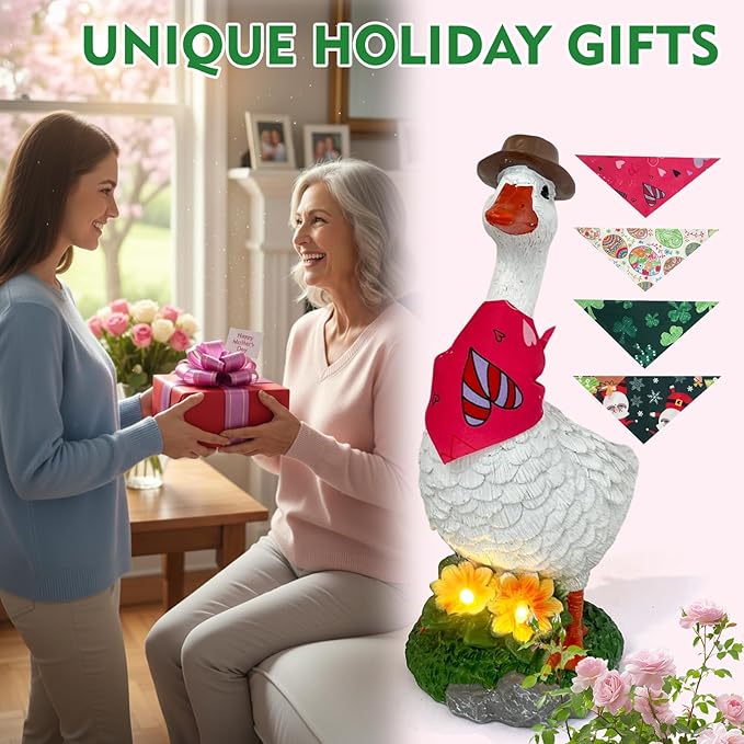 HONGLAND Solar Porch Goose Garden Statue with Glowing Flower, 10" Solar Duck Decorative Figurine for Outdoor Lawn Patio Yard Backyard Porch Ornaments - Unique Gift for Women