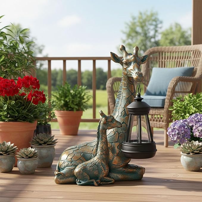 Solar Garden Decor - Mother Baby Giraffe Statue with Solar Lantern 9.7" Resin Giraffe Figurine Outdoor Patio Yard Porch Decor Gifts for Mom Grandma Women Gardeners