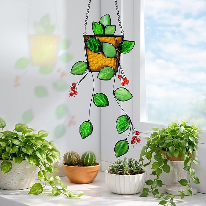 Plant Stained Glass,Stained Glass Window Hanging,Real Handmade Suncatcher,Artificial Green Plants Decor for Women Mom Grandma Plant Lovers,Sun Catcher for Home Windows