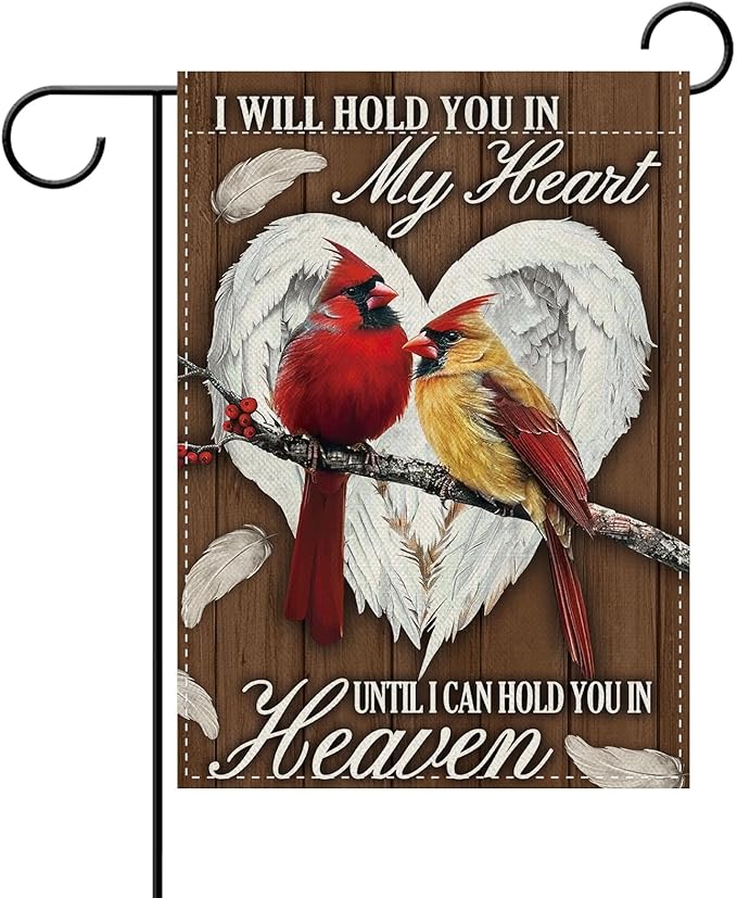 Dyrenson Christian Memorial Cardinal Decorative Garden Flag, Religious Red Birds Angel Wings Heart Cemetery Yard Outside Home Decoration, Farmhouse Burlap Outdoor Small Decor Double Sided 12 x 18