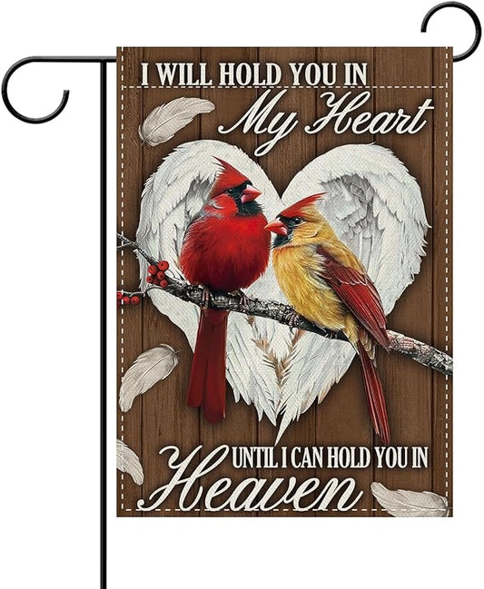 Dyrenson Christian Memorial Cardinal Decorative Garden Flag, Religious Red Birds Angel Wings Heart Cemetery Yard Outside Home Decoration, Farmhouse Burlap Outdoor Small Decor Double Sided 12 x 18