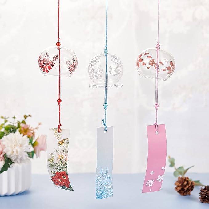 BENECREAT 3PCS Japanese Wind Chimes Pink Cherry/Red/Blue Glass Wind Bells Handmade Pendants for Birthday Gift, Home Wedding Party Decorations