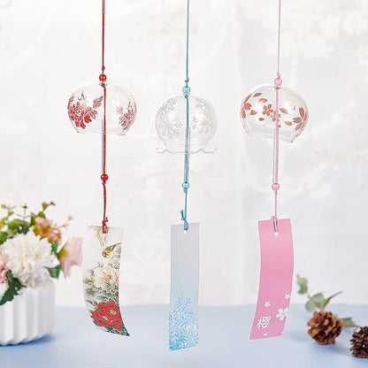 BENECREAT 3PCS Japanese Wind Chimes Pink Cherry/Red/Blue Glass Wind Bells Handmade Pendants for Birthday Gift, Home Wedding Party Decorations