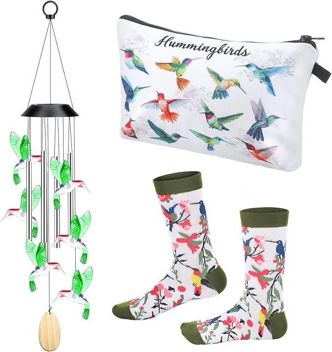 Wenqik 3 Pcs Christmas Hummingbird Gifts Set for Women Include Hummingbird Solar Wind Chimes Socks Makeup Bag Gift for Humming Bird Lover Mother Mom Grandma Wife Sister Her Birthday Xmas Gifts